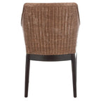 Dining Arm Chair 23"W x 23"D x 34"H Woven Rattan Mahogany Legs White Cotton Cushion Coastal Spanish Style