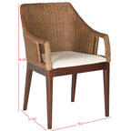 Dining Arm Chair 23"W x 23"D x 34"H Woven Rattan Mahogany Legs White Cotton Cushion Coastal Spanish Style