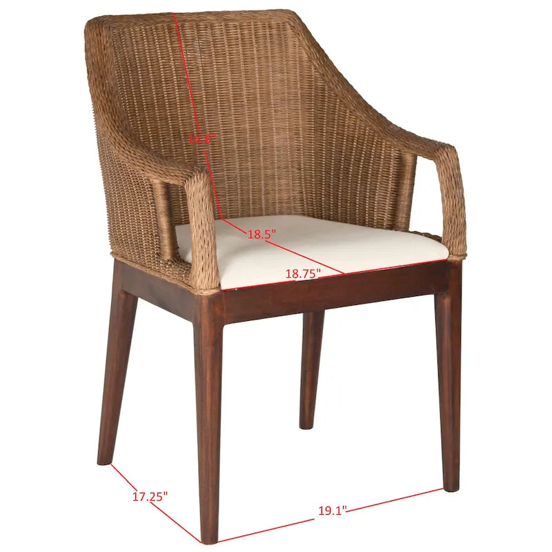 Dining Arm Chair 23"W x 23"D x 34"H Woven Rattan Mahogany Legs White Cotton Cushion Coastal Spanish Style