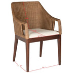 Dining Arm Chair 23"W x 23"D x 34"H Woven Rattan Mahogany Legs White Cotton Cushion Coastal Spanish Style
