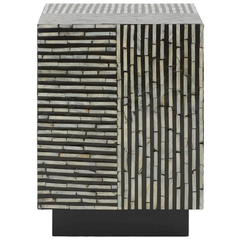 14" Square Stool with Mother-of-Pearl Tile Pattern - 14"W x 14"D x 19"H, Black Variegated, Coastal-Chic Modern Accent Table