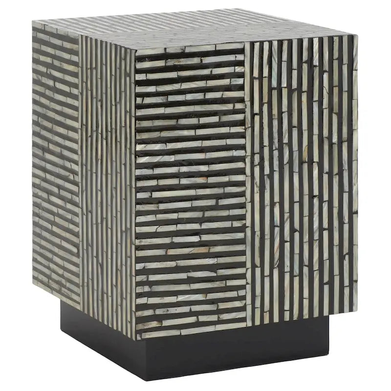 14" Square Stool with Mother-of-Pearl Tile Pattern - 14"W x 14"D x 19"H, Black Variegated, Coastal-Chic Modern Accent Table