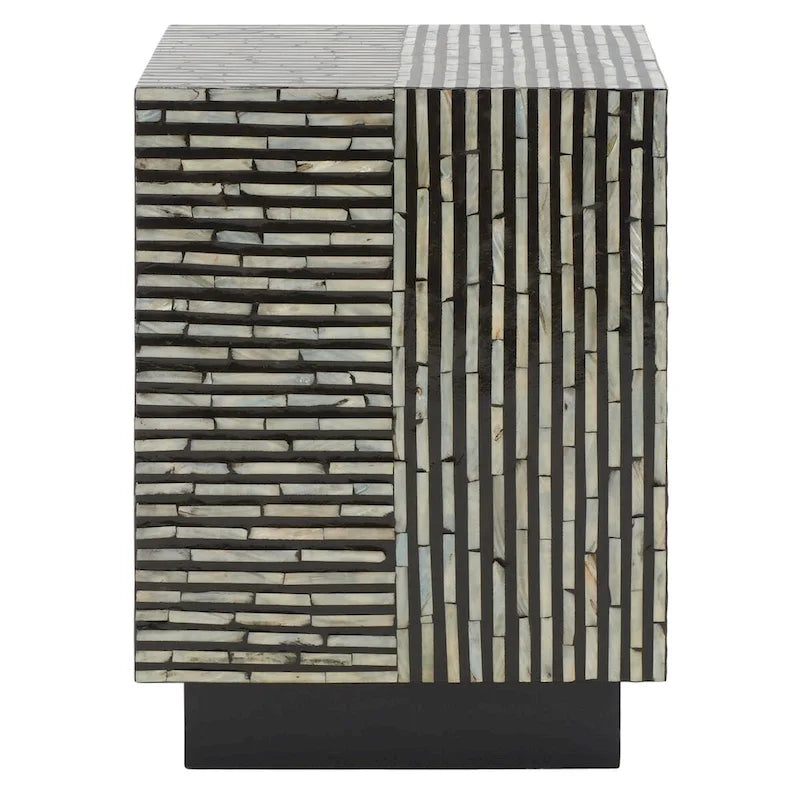 14" Square Stool with Mother-of-Pearl Tile Pattern - 14"W x 14"D x 19"H, Black Variegated, Coastal-Chic Modern Accent Table