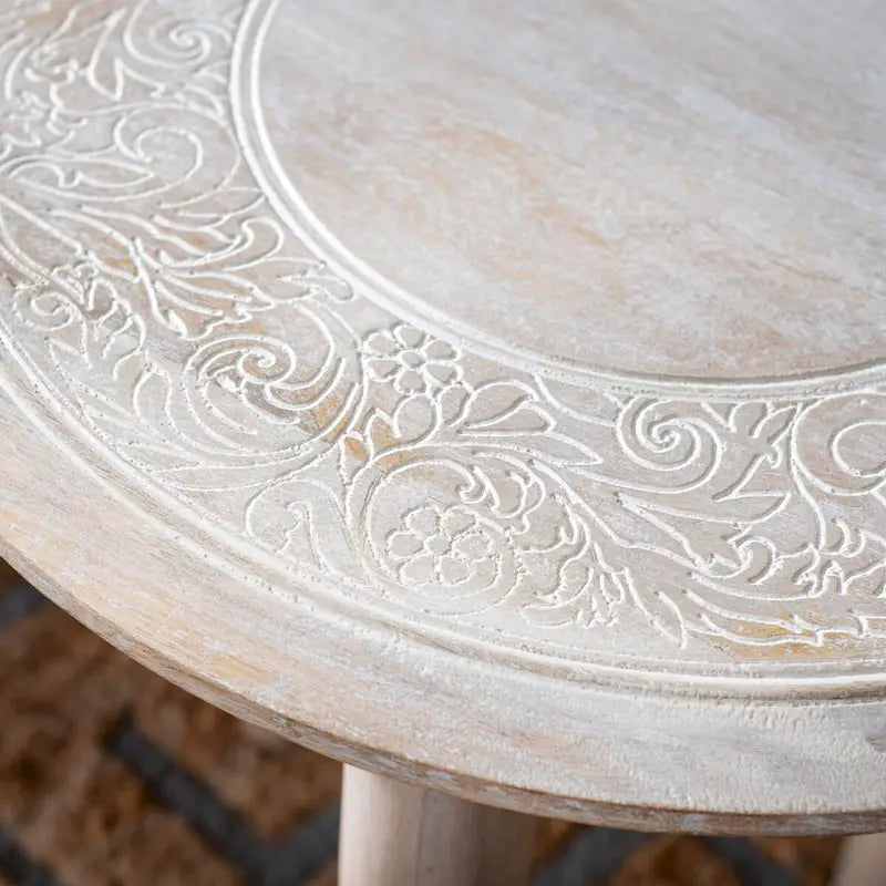 17"x17"x18" Carved Mango Wood Side Table - White Washed Finish, Floral Details, Contemporary Heirloom Design, Accent Table