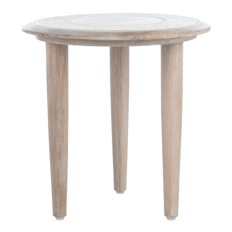 17"x17"x18" Carved Mango Wood Side Table - White Washed Finish, Floral Details, Contemporary Heirloom Design, Accent Table