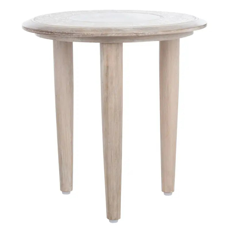 17"x17"x18" Carved Mango Wood Side Table - White Washed Finish, Floral Details, Contemporary Heirloom Design, Accent Table