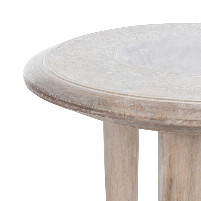 17"x17"x18" Carved Mango Wood Side Table - White Washed Finish, Floral Details, Contemporary Heirloom Design, Accent Table