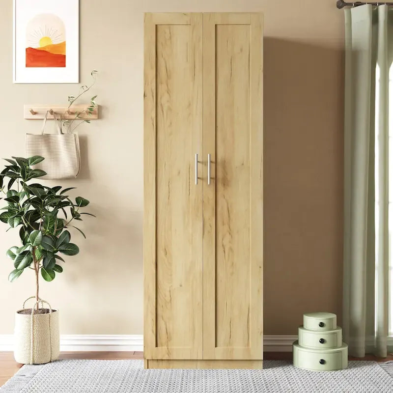 Modern Bedroom Wardrobe Armoire with 3 Shelves & 2 Doors - Particleboard MDF Storage Cabinet with Textured Veneer Finish