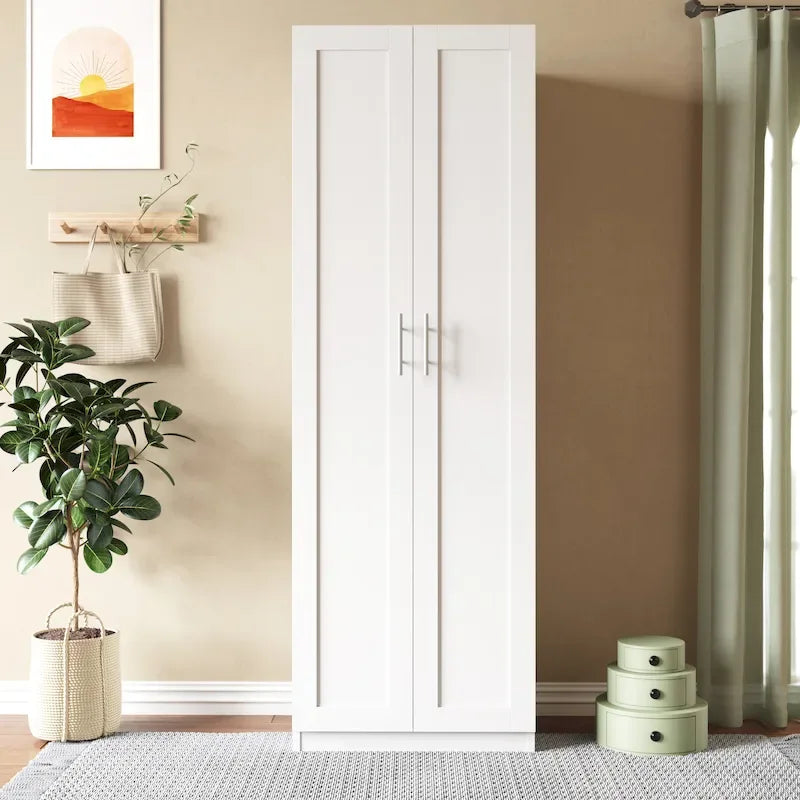 Modern Bedroom Wardrobe Armoire with 3 Shelves & 2 Doors - Particleboard MDF Storage Cabinet with Textured Veneer Finish