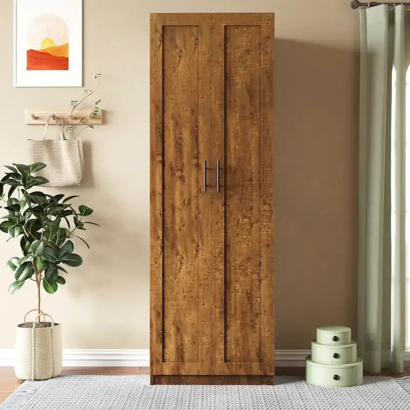 Modern Bedroom Wardrobe Armoire with 3 Shelves & 2 Doors - Particleboard MDF Storage Cabinet with Textured Veneer Finish