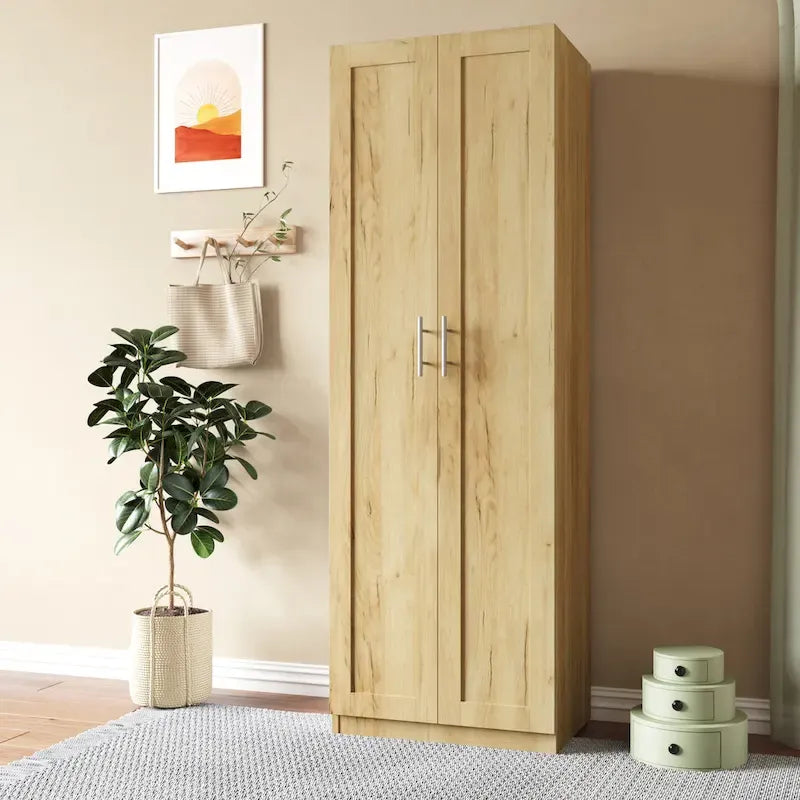 Modern Bedroom Wardrobe Armoire with 3 Shelves & 2 Doors - Particleboard MDF Storage Cabinet with Textured Veneer Finish