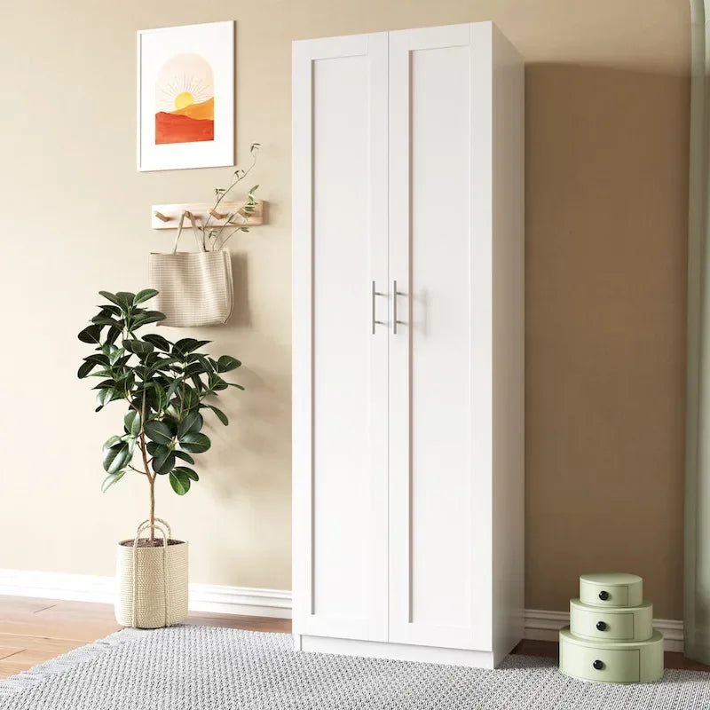 Modern Bedroom Wardrobe Armoire with 3 Shelves & 2 Doors - Particleboard MDF Storage Cabinet with Textured Veneer Finish