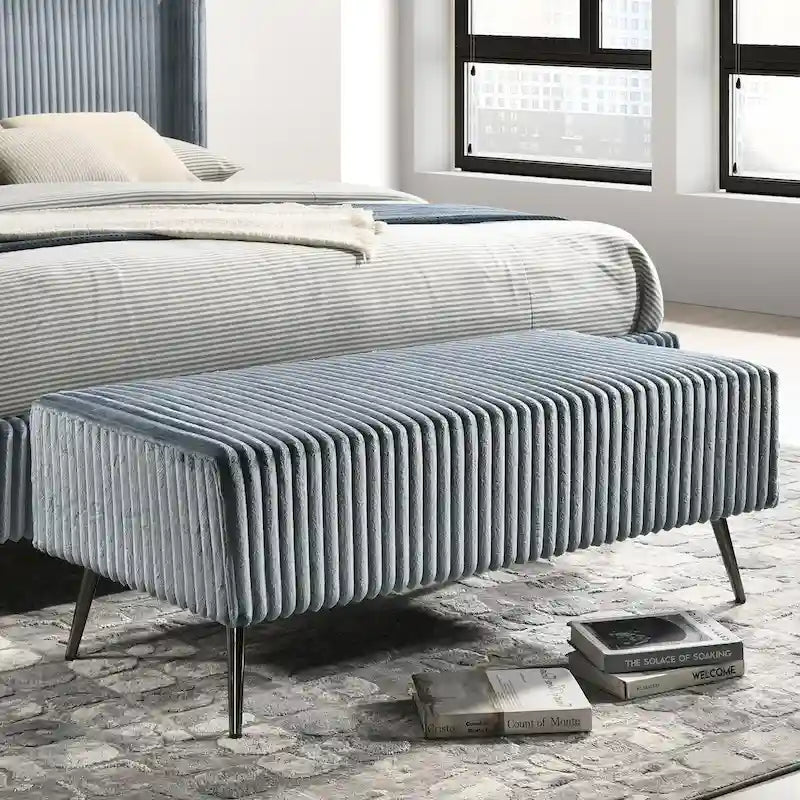 Accent Bench 48.3"W x 23.6"D x 18.1"H Wide Wale Corduroy Upholstery Metal Legs Modern Luxurious Cream Blue