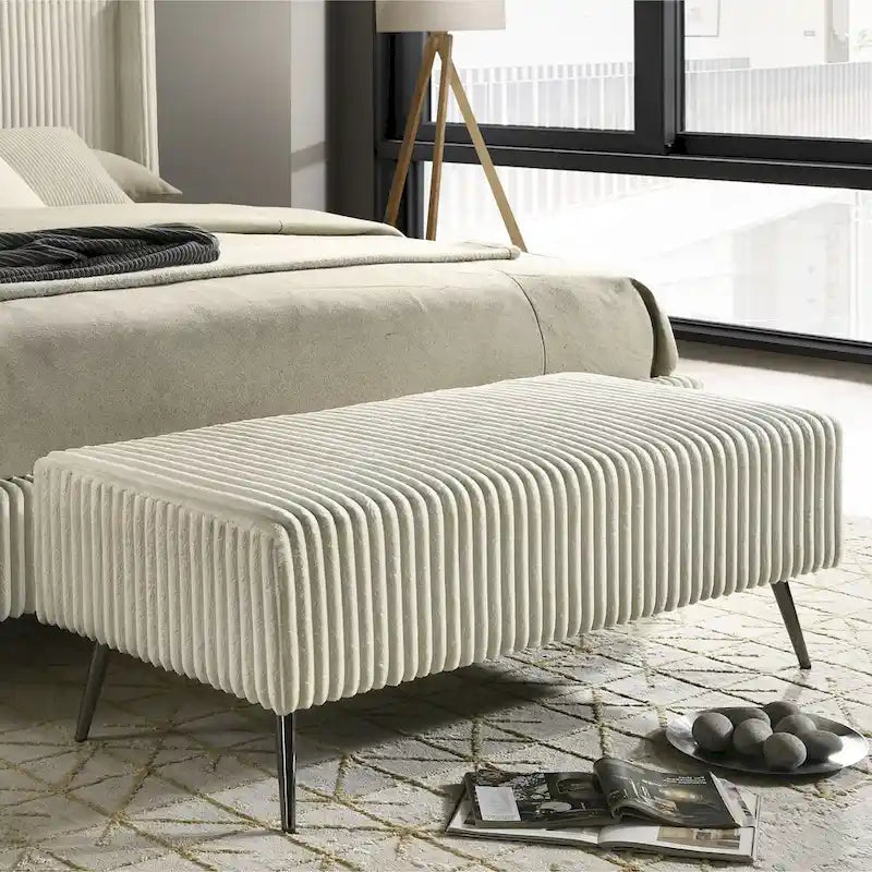 Accent Bench 48.3"W x 23.6"D x 18.1"H Wide Wale Corduroy Upholstery Metal Legs Modern Luxurious Cream Blue