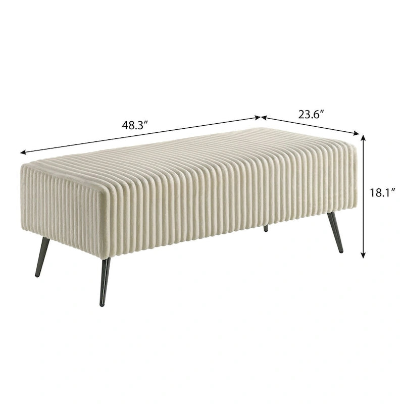 Accent Bench 48.3"W x 23.6"D x 18.1"H Wide Wale Corduroy Upholstery Metal Legs Modern Luxurious Cream Blue