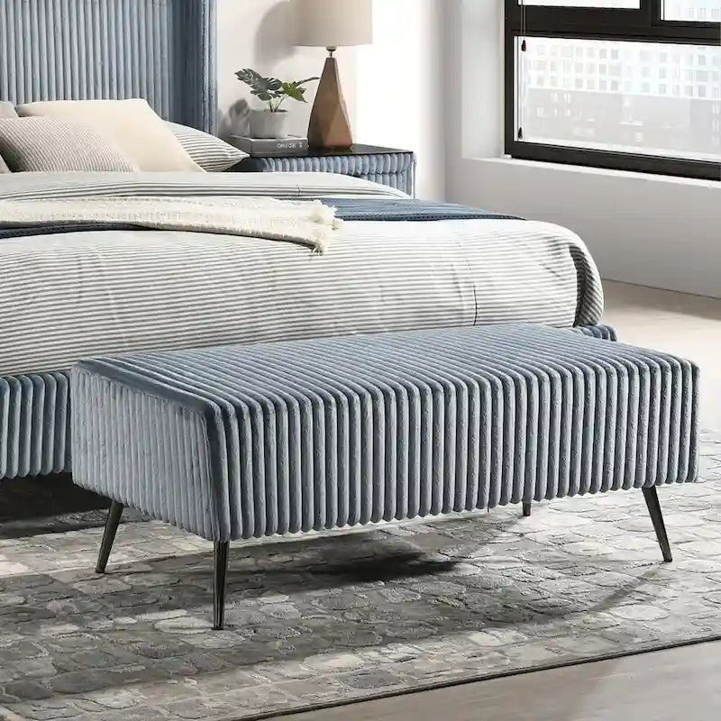 Accent Bench 48.3"W x 23.6"D x 18.1"H Wide Wale Corduroy Upholstery Metal Legs Modern Luxurious Cream Blue