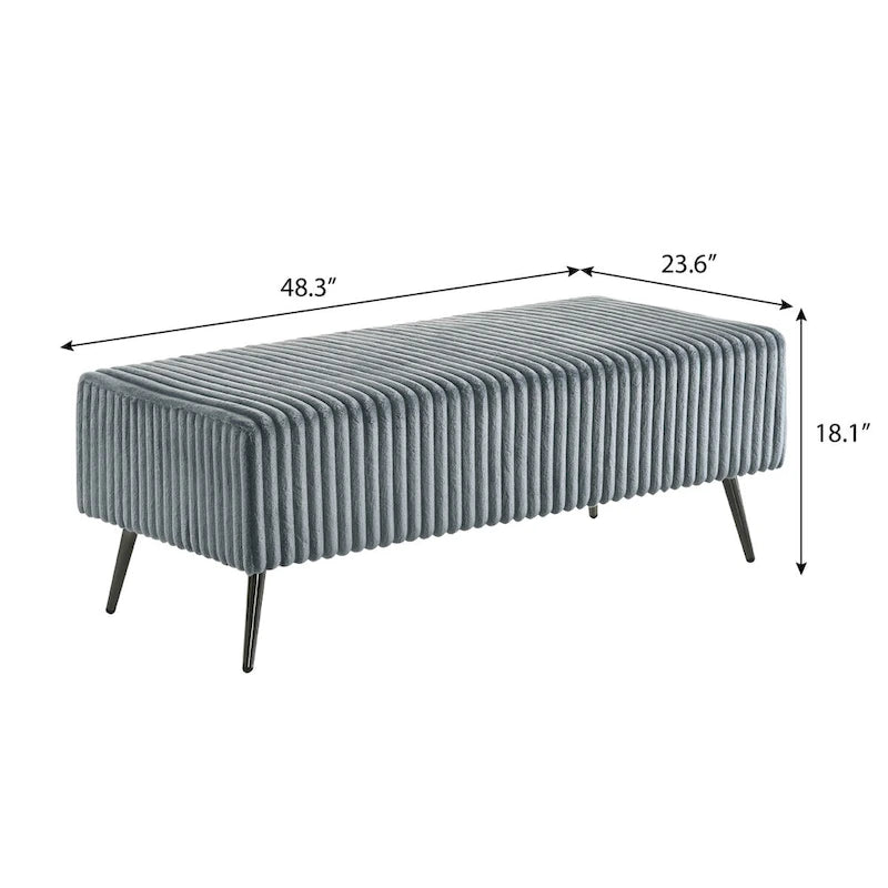 Accent Bench 48.3"W x 23.6"D x 18.1"H Wide Wale Corduroy Upholstery Metal Legs Modern Luxurious Cream Blue