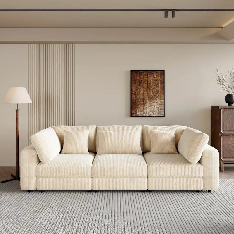 105" Corduroy Sofa with Cushions 5 Pillows Wooden Frame Spring Pack Polyester Spacious Armrests