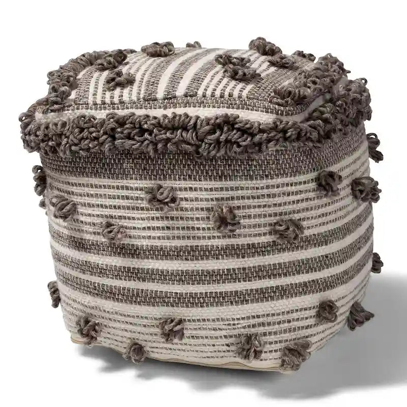 15.7" Moroccan Handwoven Wool Pouf Ottoman - Ivory & Brown, Textured Knots, 77% Wool/23% Cotton, Traditional Style Footstool