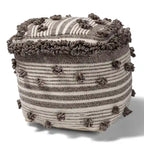 15.7" Moroccan Handwoven Wool Pouf Ottoman - Ivory & Brown, Textured Knots, 77% Wool/23% Cotton, Traditional Style Footstool
