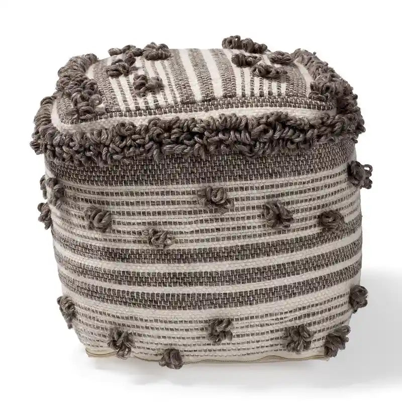 15.7" Moroccan Handwoven Wool Pouf Ottoman - Ivory & Brown, Textured Knots, 77% Wool/23% Cotton, Traditional Style Footstool