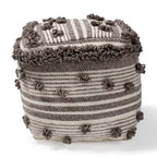 15.7" Moroccan Handwoven Wool Pouf Ottoman - Ivory & Brown, Textured Knots, 77% Wool/23% Cotton, Traditional Style Footstool