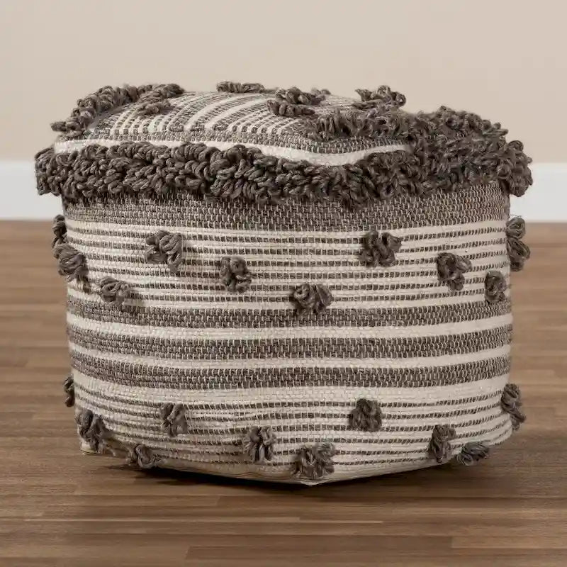 15.7" Moroccan Handwoven Wool Pouf Ottoman - Ivory & Brown, Textured Knots, 77% Wool/23% Cotton, Traditional Style Footstool
