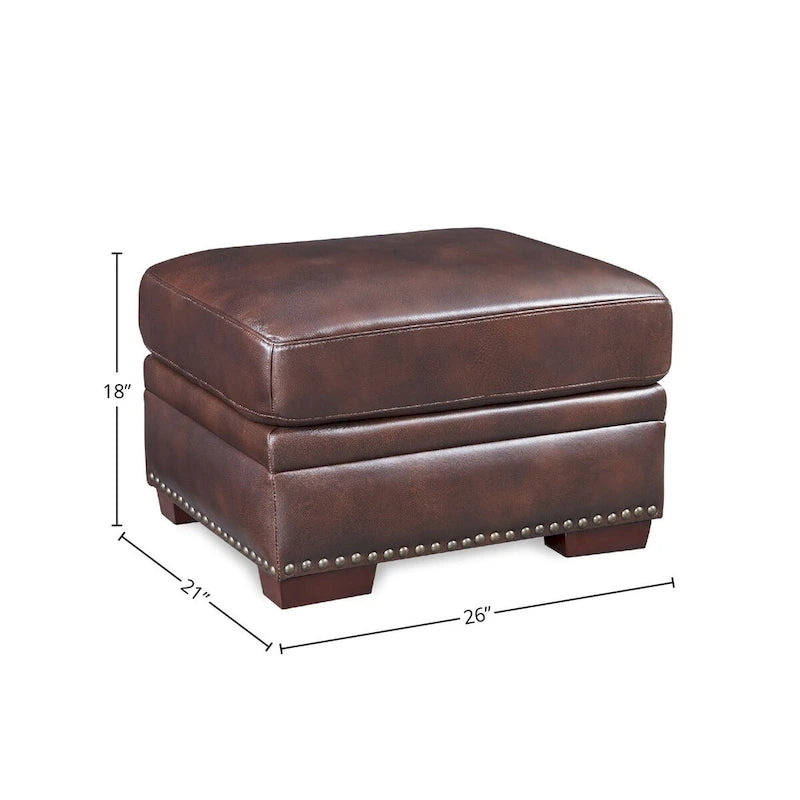 26"W Top Grain Cowhide Leather Ottoman - 270lbs Capacity, High-Density Foam, Nailhead Trim, Hardwood Frame, 18"H Square Design