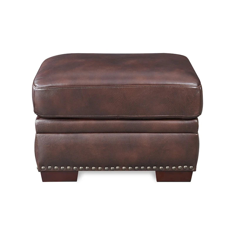 26"W Top Grain Cowhide Leather Ottoman - 270lbs Capacity, High-Density Foam, Nailhead Trim, Hardwood Frame, 18"H Square Design