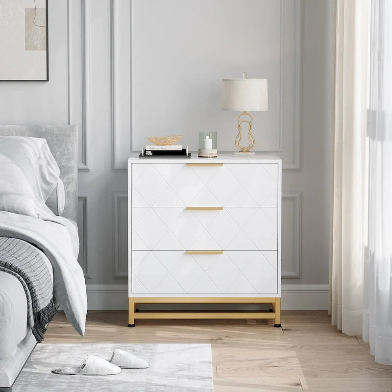 3 Drawer Dresser White with Gold Handles - 23.9"W x 15.8"D x 28.8"H Wood Chest, Metal Legs, 35lbs Per Drawer Capacity Storage