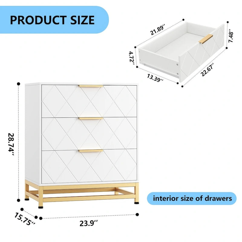 3 Drawer Dresser White with Gold Handles - 23.9"W x 15.8"D x 28.8"H Wood Chest, Metal Legs, 35lbs Per Drawer Capacity Storage