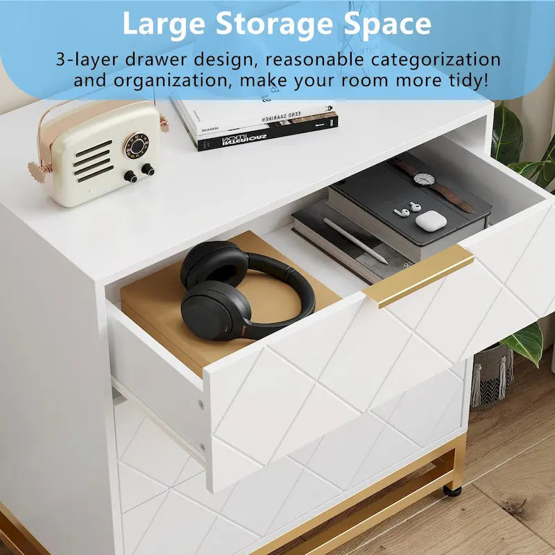3 Drawer Dresser White with Gold Handles - 23.9"W x 15.8"D x 28.8"H Wood Chest, Metal Legs, 35lbs Per Drawer Capacity Storage